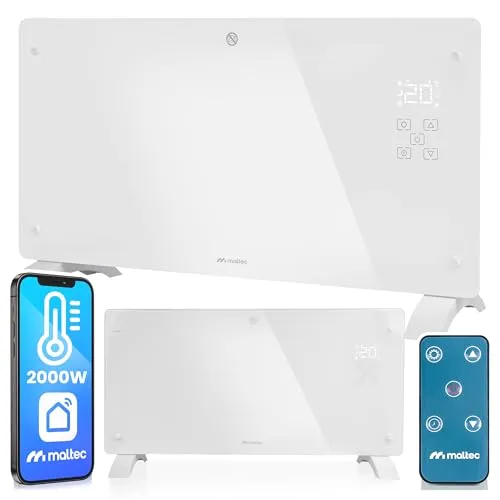 MalTec Konvektorheizung gehärtetes Glas, Eco, Wifi Heizung, Fernbedienung Heizgerät, Thermostat & Timer, 2000W Kindersicherung, weiß