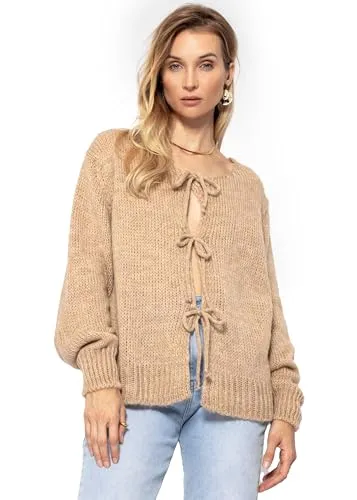 SASSYCLASSY Oversize Strickjacke Damen lang Schleifen Grobstrickjacke Damen Herbst Winter Warm Grobstrick Cardigan Damen kurz zum Binden V Ausschnitt Strickweste Damen lang Langarm Beige L