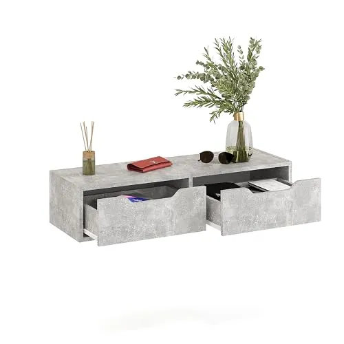 KOMTO Wandregal Beton mit 2 Schubladen – Wandkommode für Schlafzimmer, Garderobe Hängeschrank, Schminktisch Wandmontage, Wandschublade | Nachttisch Hängend NOKA 100 x 32,5 x 22 cm