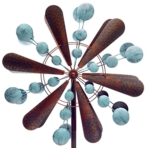 HAFIX Windrad Windtropfen 3D Optik Ø58cm. Windspiel für den Garten aus Metall. Windmühle mit Höhenverstellung dekorativ einzigartiger Blickfänger, wetterfest & UV-beständig blau & Kupfer, H: 182cm.