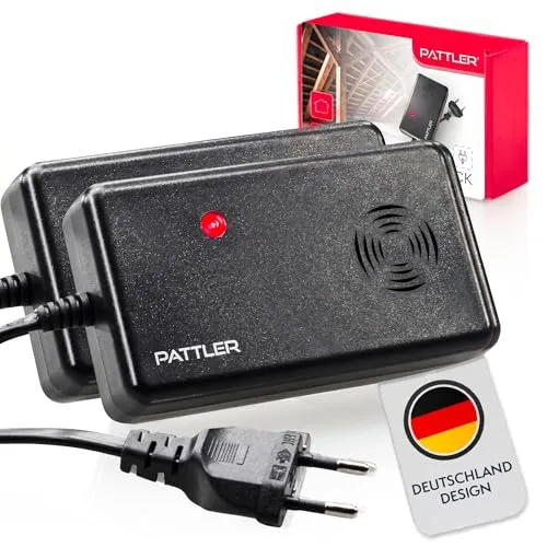 PATTLER Marderschreck Auto mit Stecker – Marderschutz & Marderabwehr Auto mit Ultraschall bis 60m² – Maderschrecker Haus für Garage Dachboden Keller Carport mit Anti Gewöhnungseffekt – 2 Stück
