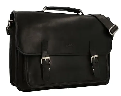 Gusti Umhängetasche Leder - Elmar Pflanzlich gegerbt Aktentasche Handtasche Ledertasche Damen und Herren Businesstasche Messanger Bag Laptop Vintage Ledertasche A4 Dokumententasche Schwarz Leder