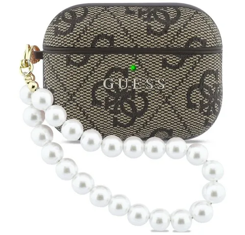 Guess Kopfhörer-Schutzhülle Case AirPods Pro 3 Kunstleder braun Logo goldfarben mit Kette, Kantenschutz