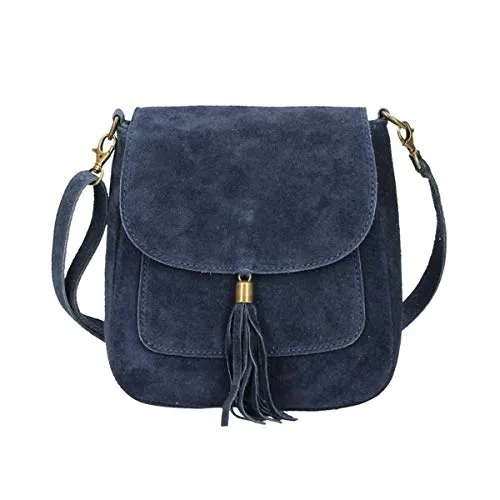 Made in Italy Damen Leder Tasche - Dunkelblaue Wildleder Umhängetasche - Damen-Schultertaschen aus 100% italienischem Wildleder mit Fransen, verstellbarem Schultergurt und luxuriösen Messing-Details. Ideal für Freizeit, Reisen oder elegante Anlässe.