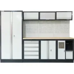 STIER Werkstatteinrichtung Basic, 4-teilig - Werkzeugschränke mit modularer Lochwand und Multiplex-Arbeitsplatte, bietet viel Stauraum und individuelle Werkzeuglagerung für optimale Übersicht und Zugriff.