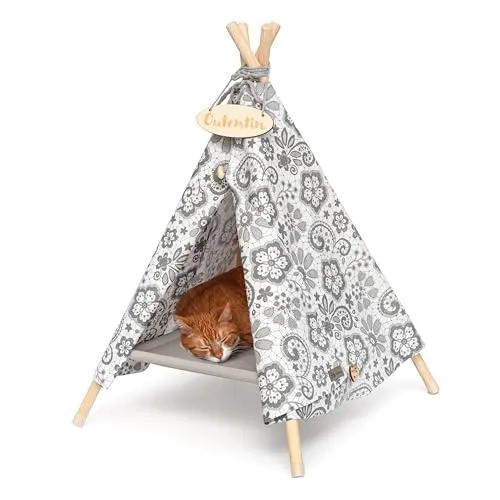 Outentin Hundehöhle für kleine Hunde und Katzen – Stylisches Katzenbett Tipi 53x53x70cm - Elegante Hundehöhle aus FSC-zertifiziertem Holz und OEKO-TEX-Polyester. Pflegeleicht und hygienisch, bietet sie einen gemütlichen Rückzugsort für Ihre Haustiere. Ideal für stilvolle Innenräume und als durchdachtes Geschenk für Tierliebhaber.