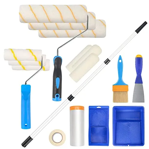 Zezirdas 18-teilig Farbroller Set, Farbroller mit Teleskopstange, Farbroller Bügel, Farbwanne groß/klein, Farbwalzen, Schaumwalzen, Kreppband, Abstreifgriff und viele mehr, für Malerarbeiten