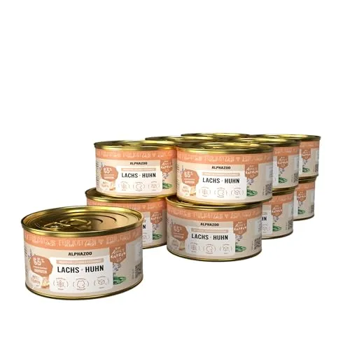 alphazoo Katzenfutter Lachs + Huhn 12x200g – getreidefrei & proteinreich mit Zucchini, Lachsöl & Katzenminze – ausgewogenes Katzenfutter für Vitalität, glänzendes Fell & Starke Muskulatur