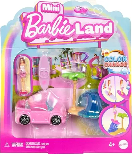 Barbie Mini BarbieLand Puppen- und Spielzeugfahrzeugset, ca. 3,8 cm große Puppe und Strandcabrio mit Farbwechsel, Strandzubehör, JCR35