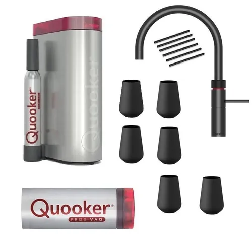 BLACK AKTION! Quooker Flex schwarz Set PRO3 & CUBE schwarz matt CUBE Filter 6x Glas + 6x Strohhalm schwarz 3XBLKCUBE