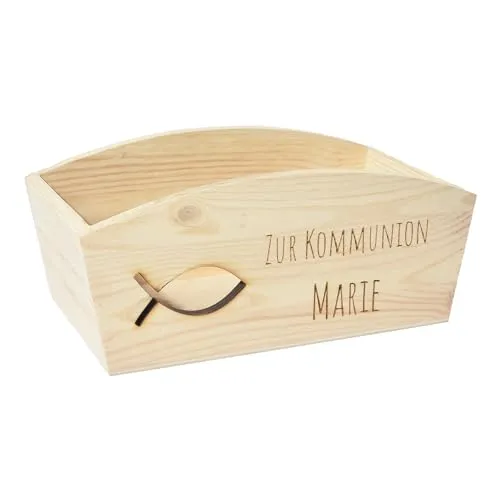 CHICCIE Geschenkkorb Personalisierbar Wunschtext mit Fisch 24x13x8cm Abgerundet Präsentkorb Holz Geschenkidee Holzkiste Taufe Kommunion Konfirmation