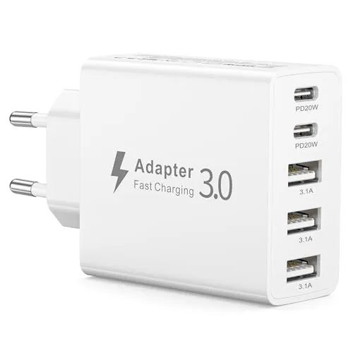 USB C Ladegerät 50W, 5 Ports Mehrfach Stecker mit 2 USB-C und 3 USB-A, Fast Charge PD 3.0 Power Adapter Kompatibel mit iPhone 17/16/15/14/13/12/11/Pro Max/XS/XR/8/7, Tablets, Samsung Galaxy Ultra26