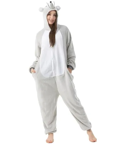 Katara Partyanzug Waldtiere Jumpsuit Kostüm Overall Erwachsene S-XL, Karneval - Kostüm, Kigurumi - Maus Grau L (165-175cm)