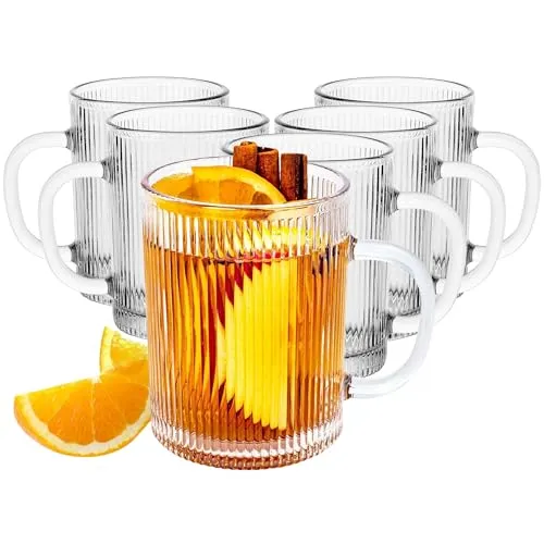 KONZEPT Teegläser mit Henkel Set 6er, 350 ml, geriffelte, ideal als Kaffeegläser