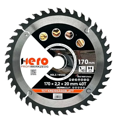 HERO Kreissägeblatt Hartmetall Sägeblatt TCT Ersatzsägeblatt Sägeblätter Kreissäge Holz/ALU Kreissägeblätter Tischkreissäge, Kappsäge (Für Holz/Holzwerkstoffe, Ø 170 x 20/16mm, 40T)