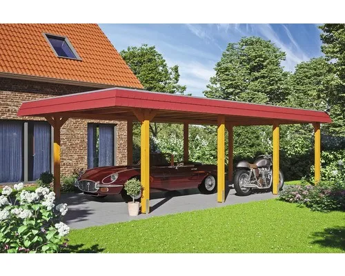 SKAN HOLZ Wendland Einzelcarport mit roter Blende - Hochwertiger Carport 409 x 870 cm, idealer Schutz für Ihr Fahrzeug, inklusive stabilen Pfostenankern und modernem Flachdachdesign.