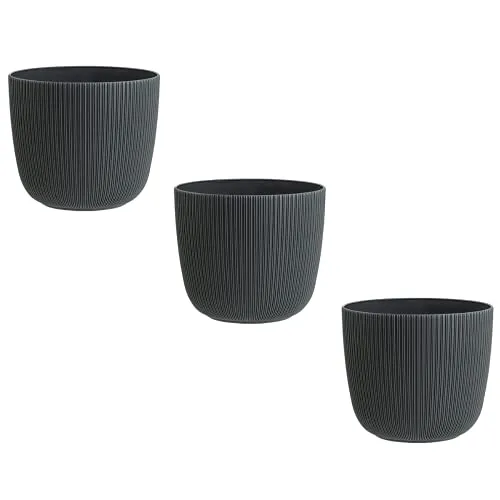 Engelland - 3 x Blumentopf mit Drainagesystem, Anthrazit-Grau, Rillenoptik, Pflanz-Topf, Kübel, modern, widerstandsfähig, rund, wetterfest, Kunststoff, Ø 15 cm, 1,8 Liter