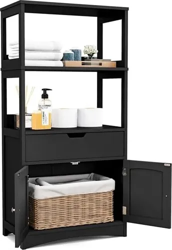 COSTWAY Freistehender Badezimmerschrank - Badezimmerschrank mit 2 Türen, 3 offenen Regalen und einer Schublade, bietet reichlich Stauraum und ein elegantes Design für Bad, Küche oder Wohnzimmer.
