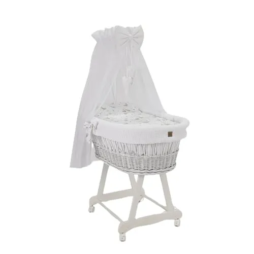 WIKLINOPOL Stubenwagen Lena aus Weide – Babywiege mit Rollen, Matratze, Baldachin & Bettwäsche aus Waffelstoff mit Gänse, handgefertigt, weiß Moseskorb