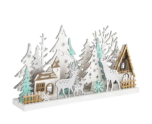 Spetebo Holz Winterlandschaft 30 cm beleuchtet - 15 LED warmweiß - Weihnachts Fenster Deko Aufsteller Winter Haus Silhouette
