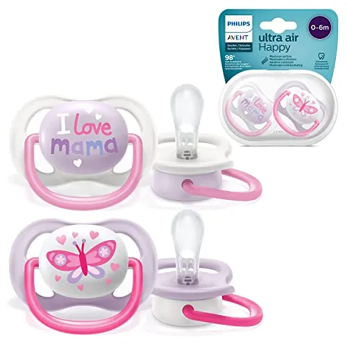 Philips AVENT SCF080/02 Ultra Air Schnuller 0-6 Monate, Atmungsaktiv, Kiefergerecht, BPA frei, Doppelpack, Schmetterling/Mama-Design