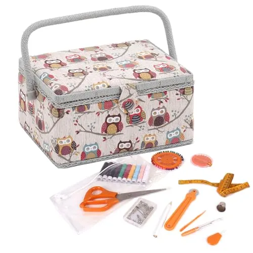 Hobby Gift Exklusive vorgefüllte Nähbox, Bastel-Aufbewahrungsbox mit 94-teiligem Nähset inklusive, 18,5 x 25,5 x 14,5 cm, Eule