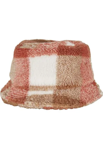 Flexfit Sherpa Check Bucket Hat, whitesand/toffee - Caps & Hüte, stylischer Anglerhut aus flauschigem Sherpa-Stoff mit großem Karomuster, ideal für trendige Outfits und vielseitigen Tragekomfort.