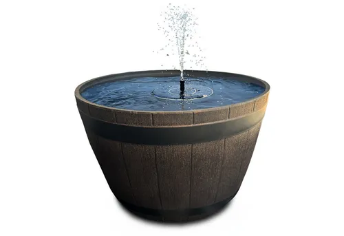 matches21 HOME & HOBBY Wasserspiel Solar-Brunnen Set für draußen - 51 cm Holzfass-Optik Schale braun, (1 tlg), Wasser-Fontäne als Solar Spring-Brunnen Garten-Deko Vogeltränke