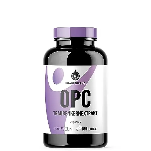 Kräuterland OPC Traubenkernextrakt hochdosiert - 180 Kapseln je 500mg - 950mg Traubenkern OPC pro Tagesdosis - vegan, aus französischen Weintrauben - in Premium Qualität