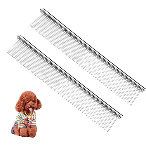 Stück Haustierkamm mit Abgerundet Zähne, Edelstahl Hundekamm zum Entfernen von Verwicklungen und Knoten, Haustier Kamm Bürste Pflege Kamm für Katzen & Hunde (19 * 3.3cm) 2