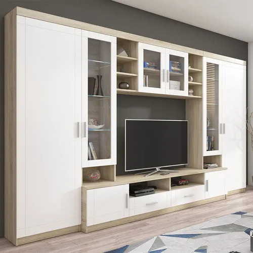 MIRJAN24 Wohnwand Paris - Große Anbauwand für Ihr Wohnzimmer - Moderne Wohnwand Paris in Sonoma Eiche/Weiß, mit großzügigem Platzangebot (340 cm breit) für eine stilvolle Wohnraumgestaltung.