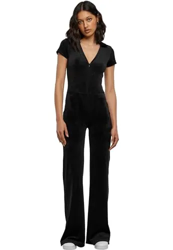Urban Classics Damen Velvet Jumpsuit Black M - Jumpsuits für Damen mit sexy V-Ausschnitt und Front-Reißverschluss – der samtige Stoff sorgt für einen komfortablen Sitz und einen hippen Retro-Look.