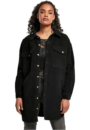 Urban Classics Damen Long Corduroy Overshirt Black XS - Stylisches Overshirt aus Baumwoll-Kord mit Knopfleiste und Brusttaschen, ideal für trendige Looks. Perfekt für die kühle Jahreszeit und vielseitig kombinierbar!