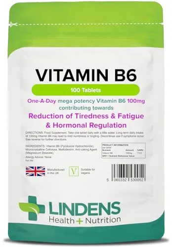 Lindens Vitamin B6 100 mg Tabletten | 100 Verpackung | Ultra-starke 7000 % NRV Dosis. Unterstützen einen gesunden Stoffwechsel, bekämpfen Müdigkeit und förderen die normalen Funktionen von Immun- und Nervensystem