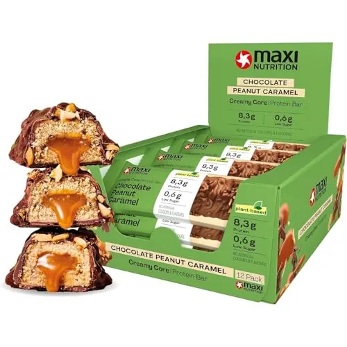 MaxiNutrition Vegan Creamy Core Bar Chocolate Peanut Caramel 12x45g - veganer Protein Riegel, 18% Eiweiß, 8,3g je Riegel, low Sugar (0,9g), ohne Zuckerzusatz, ohne künstliche Aromen