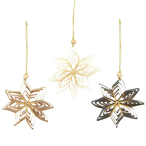 Christbaumschmuck Papiersterne mit Holzperle, 6 Stück - Schöne Papiersterne mit Holzperlen für festliche Weihnachtsdekoration. Ideal für einen stilvollen Baum, Höhe: 1.2cm, Breite: 5.5cm, Farbe: weiß.
