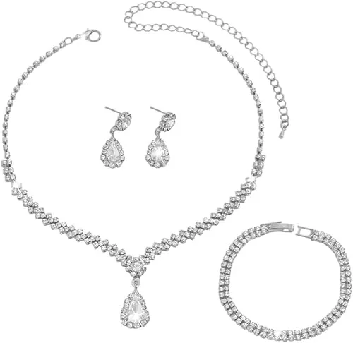 FDEETY Schmuckset Strass Halskette Armband Ohrringe Sets Prom Kostüm Schmuck Set Braut Hochzeit Party für Frauen und Mädchen(Silber)
