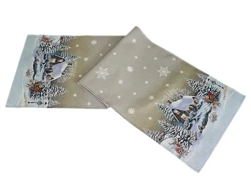 texpot Tischläufer 45 x 140 cm Stickerei Winterdorf Weihnachten Winter Weihnachtstischdecke