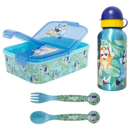 Bluey Bingo Kinder 4-teiliges Set mit Brotdose, Alu-Trinkflasche und Besteck - Praktisches 4-teiliges Set für Kinder: Enthält eine 3-Kammern-Brotdose, eine leichte Alu-Trinkflasche und Besteck. Ideal für die Schule oder Ausflüge.