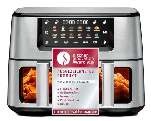 ROMMELSBACHER Doppel Heißluft Fritteuse FRH 2650 mit 2 Körben - Elegante Fritteuse mit 12 Programmen für vielfältige Zubereitungen. Die Hot Air Convection Technology sorgt für gleichmäßige Ergebnisse, während das LED-Display die einfache Bedienung ermöglicht. Ideal für kreative Kochabenteuer!
