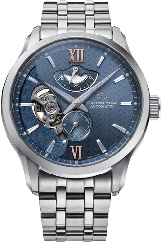 Orient Star Layered Skeleton Automatikuhr RE-AV0B08L00B Blau - Armbanduhr für Herren mit 50 Stunden Gangreserve, Saphirglas und einzigartigem Skelett-Design, wasserbeständig bis 100 m.