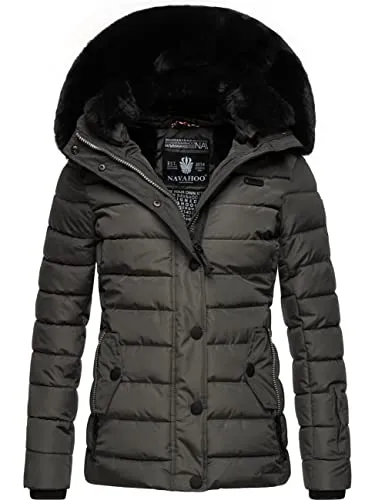 Navahoo Damen Winter Steppjacke Milianaa Anthracite Gr. S - Funktionsjacke mit abnehmbarer Kunstfell-Kapuze, taillierter Schnitt und warmem Teddyfell-Futter – ideal für kalte Tage und Outdoor-Aktivitäten.