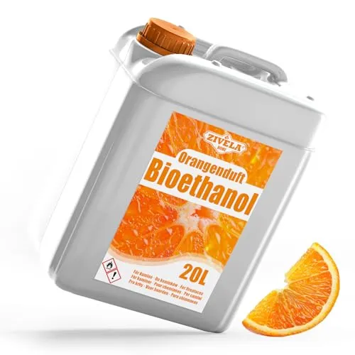 Bioethanol 96,6% 20L | Bio Alkohol Orangeduft 96,6% 20L | Bioethanol für Kamin, Tischkamin, Bioethanol Kamin | Bioethanol Orangeduft | Saubere Verbrennung, ohne Rauch, lebendige und stabile Flamme