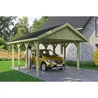 Satteldach-Carport Wallgau 430 x 600 cm mit schwarzen Schindeln - Robuster Einzelcarport aus imprägniertem Holz, bietet optimale Stabilität und Schneelast von 200 kg/m², ideal für den ganzjährigen Schutz Ihres Fahrzeugs.