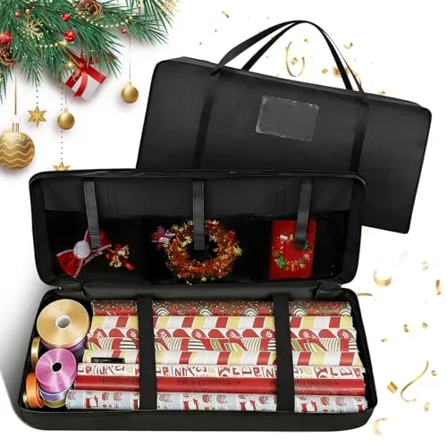 Geschenkpapier Aufbewahrung, 82 x 13 x 34 cm Geschenkpapier Organizer, 600D Oxford-Stoff Aufbewahrung Geschenkpapierrollen, Geschenkrollen Aufbewahrungstasche?mit Netzbeutel und Kartenbeutel, Schwarz