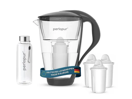 PerloPur Wasserfilter Glas Wasserfilter anthrazit inkl. 3 Classic Kartuschen und Glasflasche