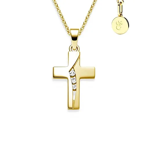 Kreuz Kette Mädchen Gelbgold – Zirkonia Kreuz-Anhänger - Ketten für Mädchen: Edle Kreuzkette aus Silber 925, vergoldet mit Zirkonia, variabel in der Länge und personalisierbar – das perfekte Geschenk zur Kommunion oder Taufe.