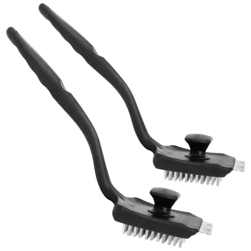 com-four® 2X Multifunktionale Grillbürste mit Edelstahlborsten und Schaber – 44,5 cm Kunststoffgriff – Effizientes Grillzubehör für BBQ, Gasgrill und Gussrost (02 Stück - 2in1 Bürste lang)