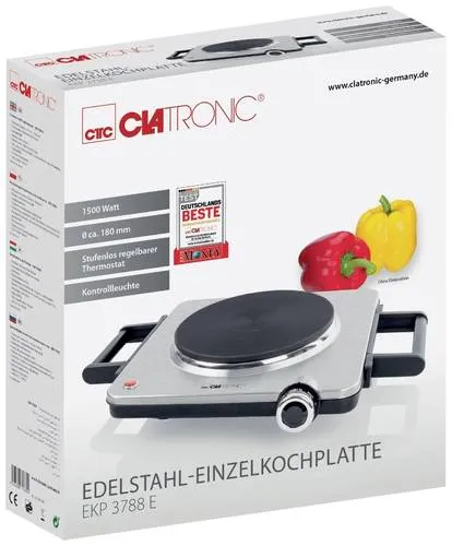 Clatronic Kochplatte EKP 3788 E - Leistungsstarke Einzelkochplatte mit 1500 Watt - Kochfelder: Mobile Edelstahl-Herdplatte mit 1500 Watt, ideal für Camping und enge Räume. Mit rutschfesten Füßen und Überhitzungsschutz für sicheres Kochen.