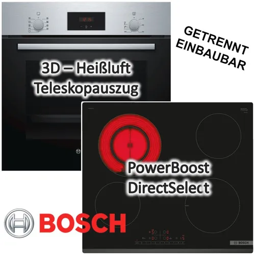 Bosch Einbau-Backofen mit Glaskeramikkochfeld 60cm - Kombiniertes Herdset mit 4 Kochplatten und einem Backofen. Ausgestattet mit Teleskopauszug, Digitalanzeige und EcoClean für mühelose Reinigung. Ideal für moderne Küchen.